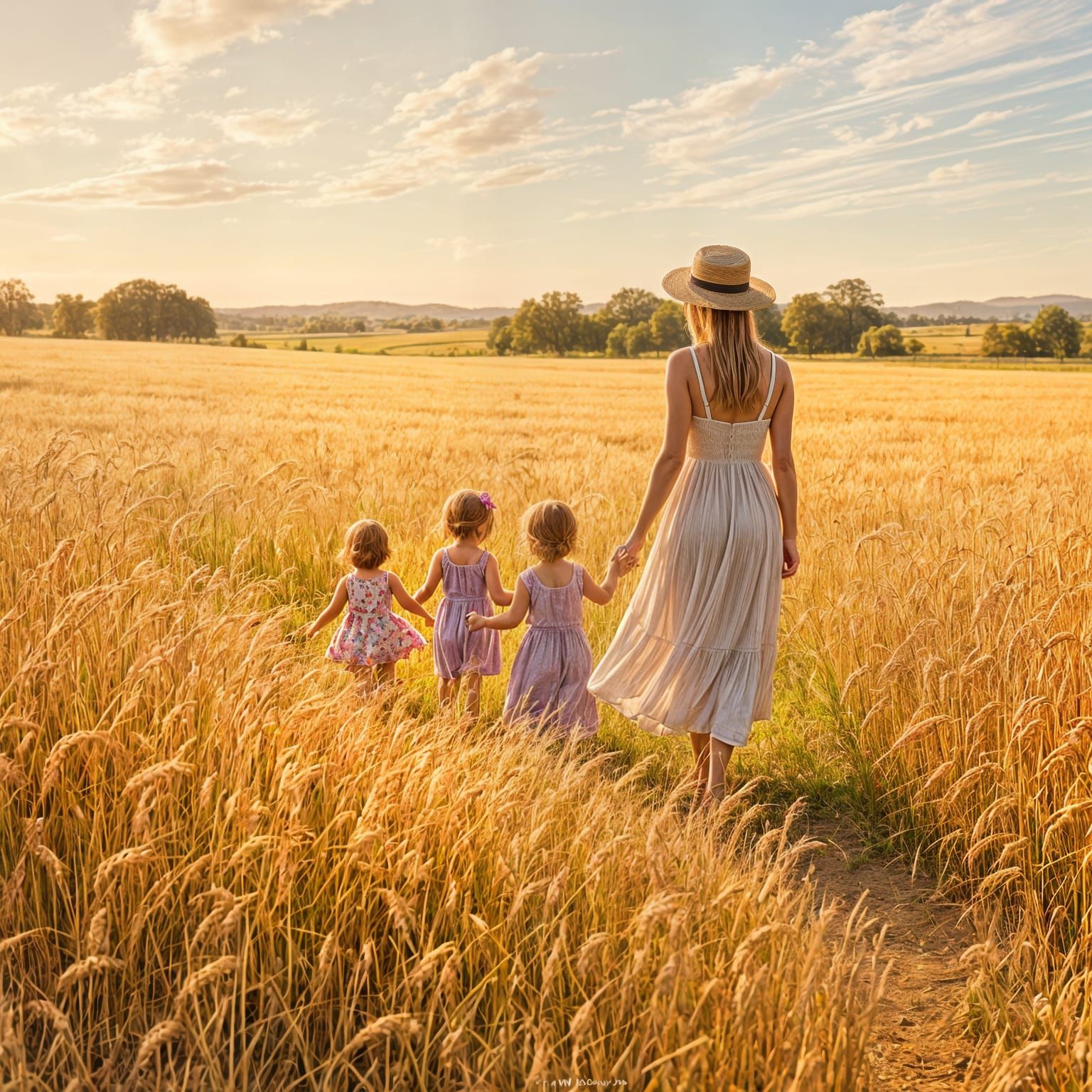 Mother and Toddlers in a Golden Wheat Field at Sunset