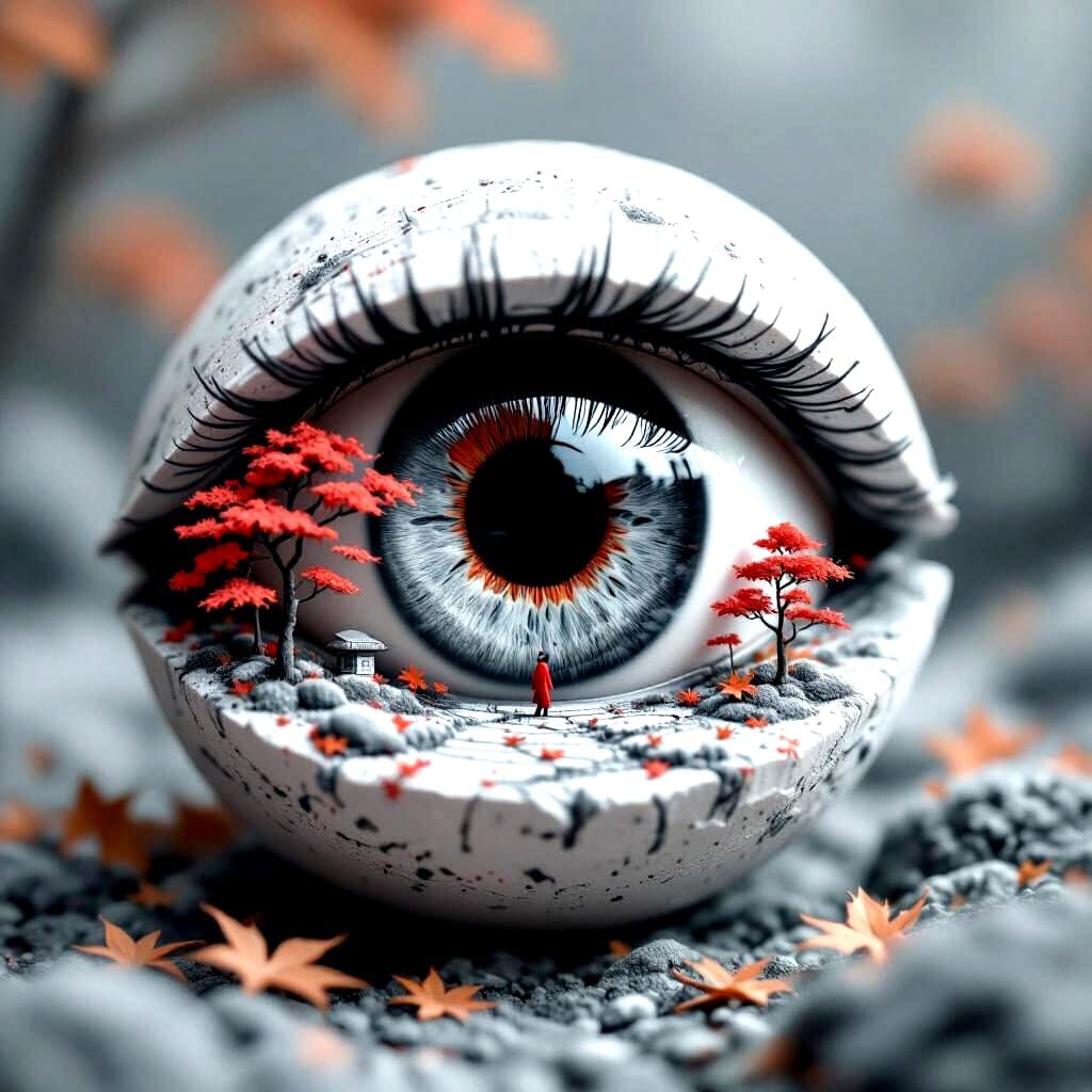 Monochrome Autumn Park with Red Eye Diorama