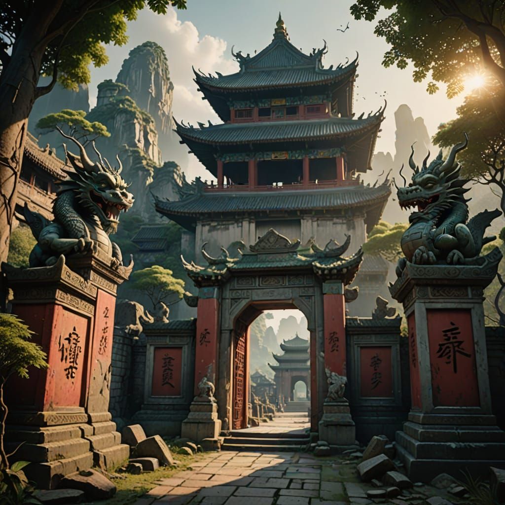 Lost Chinese City: Dragon Statues and Vine-Covered Pagodas