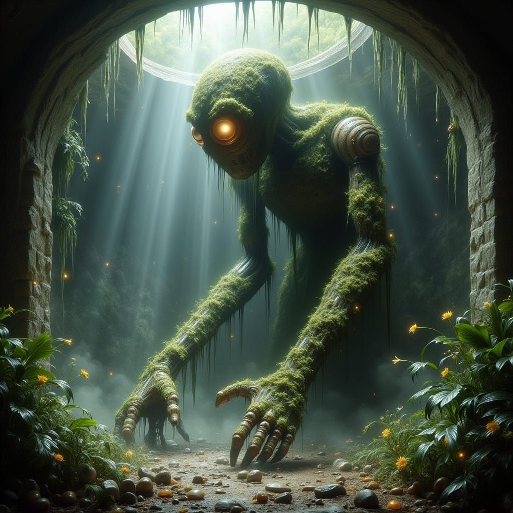 Ancient Robot Awakens in Sunlit Jungle Temple