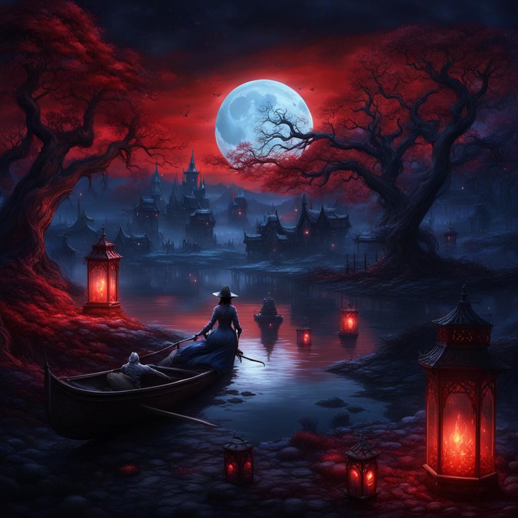 Bloodborne Village at Night with Blue Lanterns