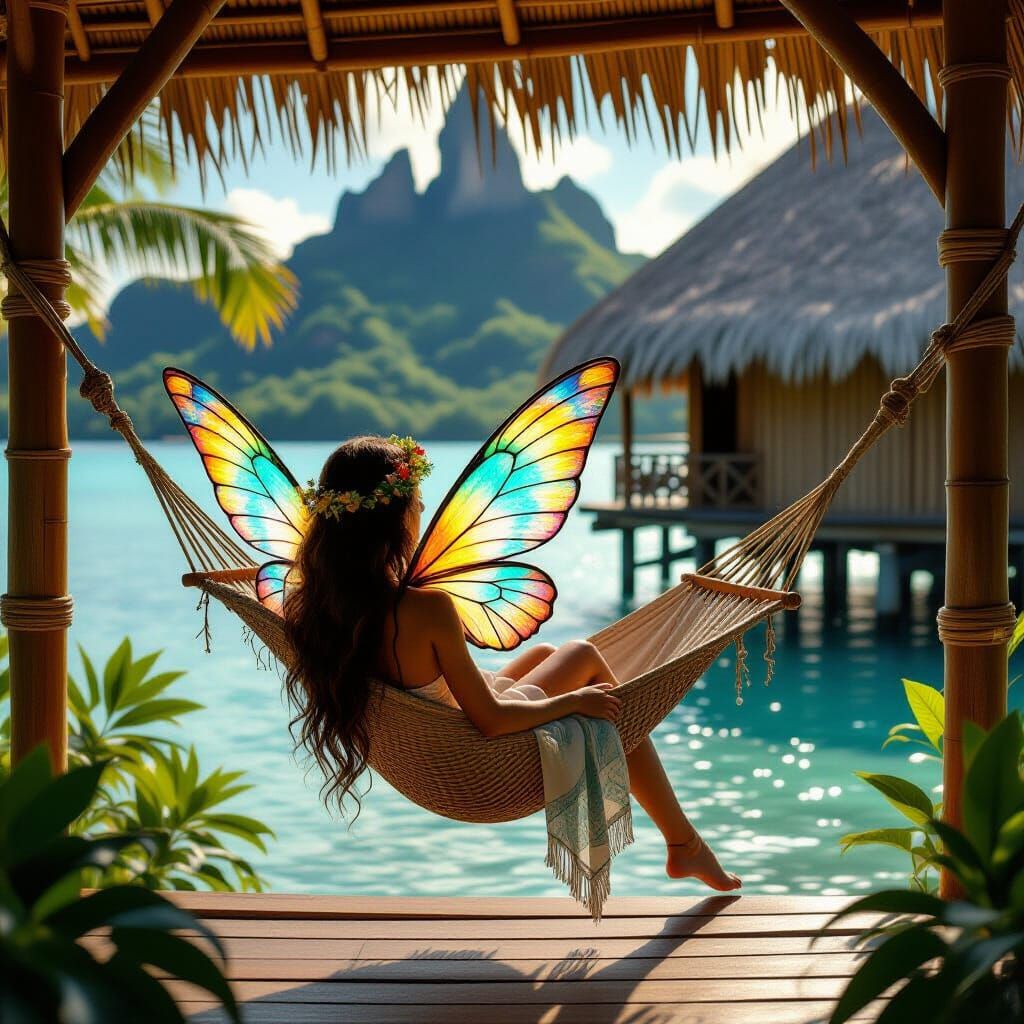 Jungle Fairy in Hammock by Bamboo Hut