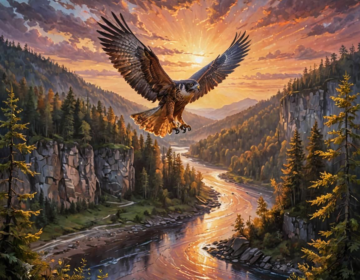 Falcon Soaring Over Vale: Acrylic Painting with Sunset