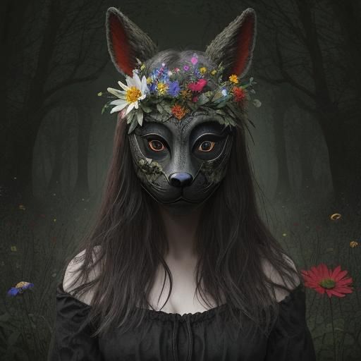 Eerie Folklore: Animal Mask in Wildflower Nature