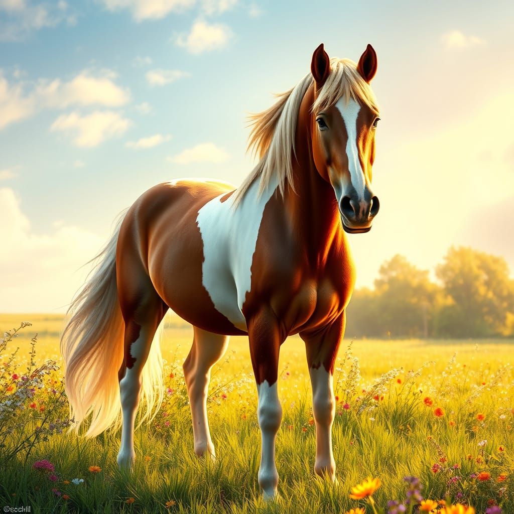 Majestic Brown and White Paint Horse in Vibrant Open Pasture