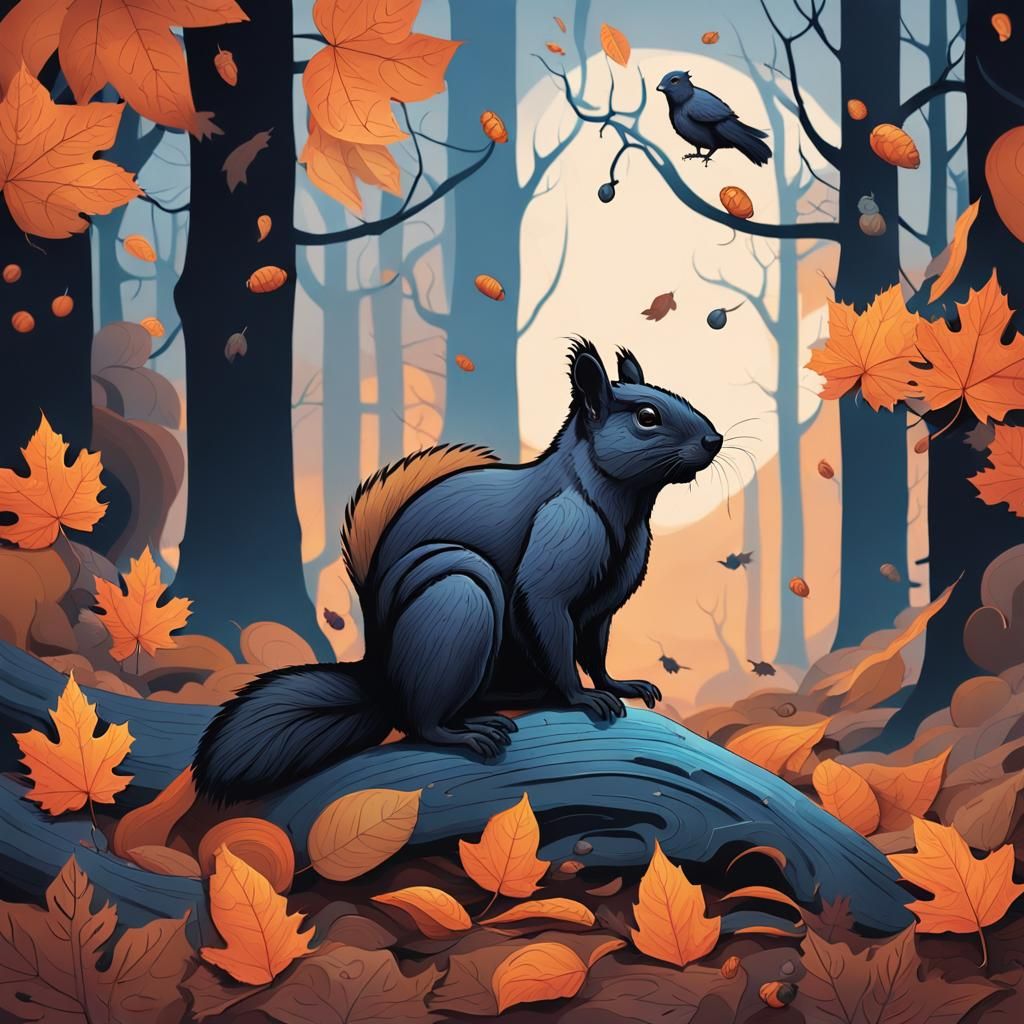 Autumn Forest Dreamscape with Squirrel and Raven