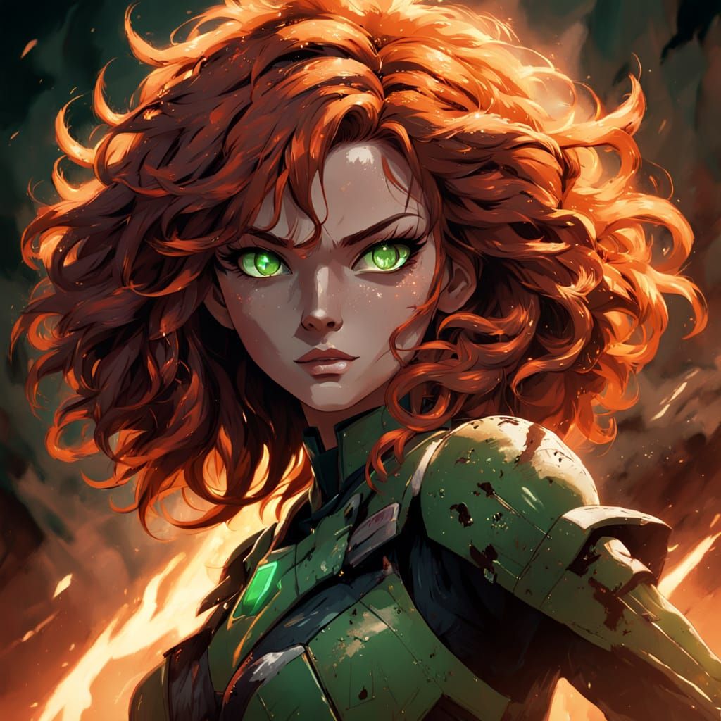 Anime Warrior Goddess with Fiery Mane and Emerald Eyes