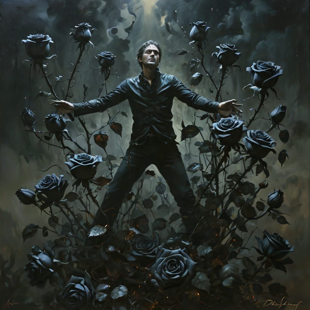 Surreal Oil Painting: Black Roses Bloom From Man's Hands