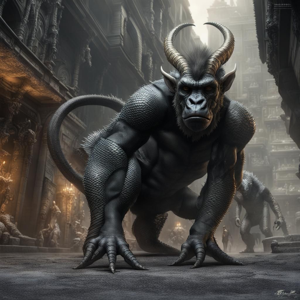 Lizard Bull-Gorilla Hybrid Roaming Fantasy City