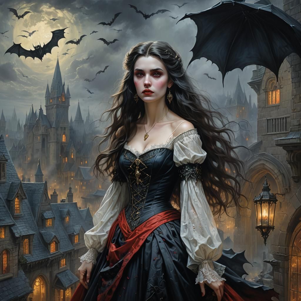 Lady Dracula in Old England: An Ethereal Oil Painting