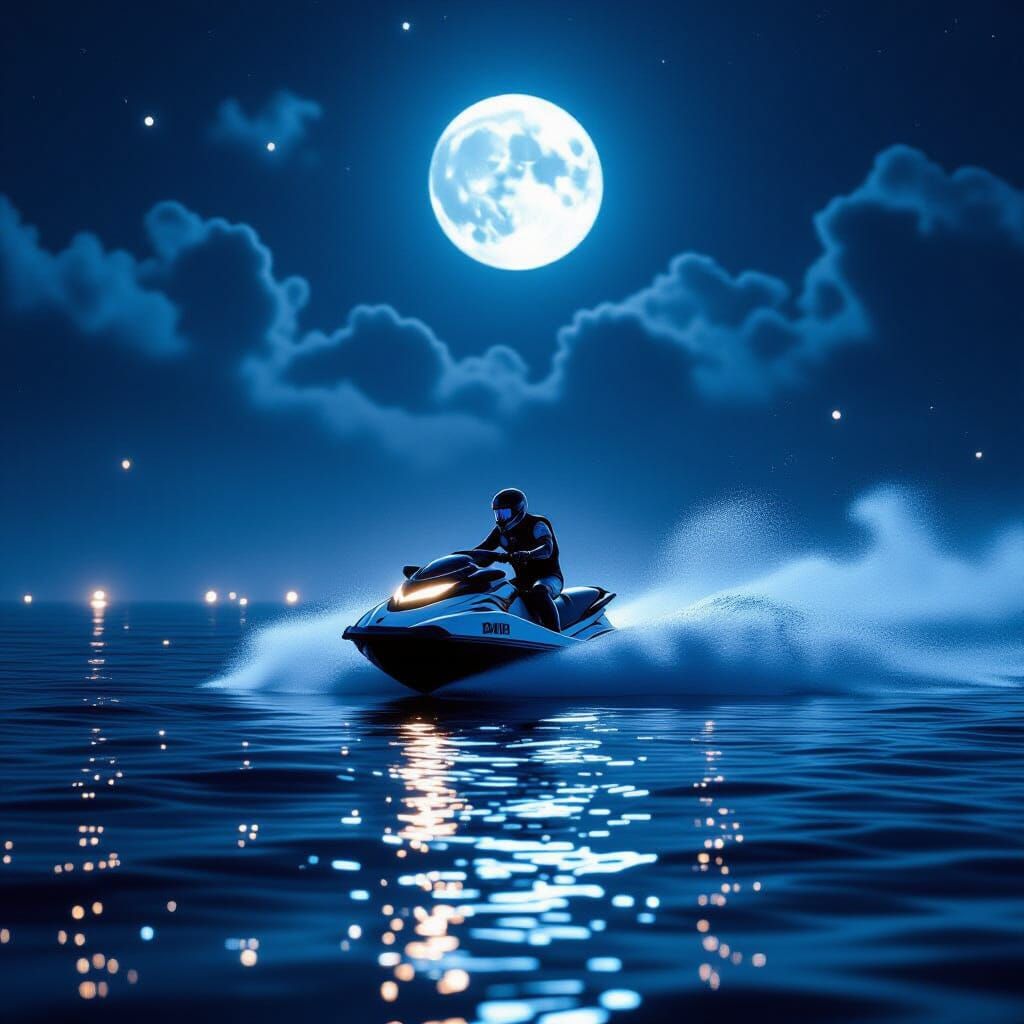 Jet Ski Races Under Moonlight on Dark Ocean
