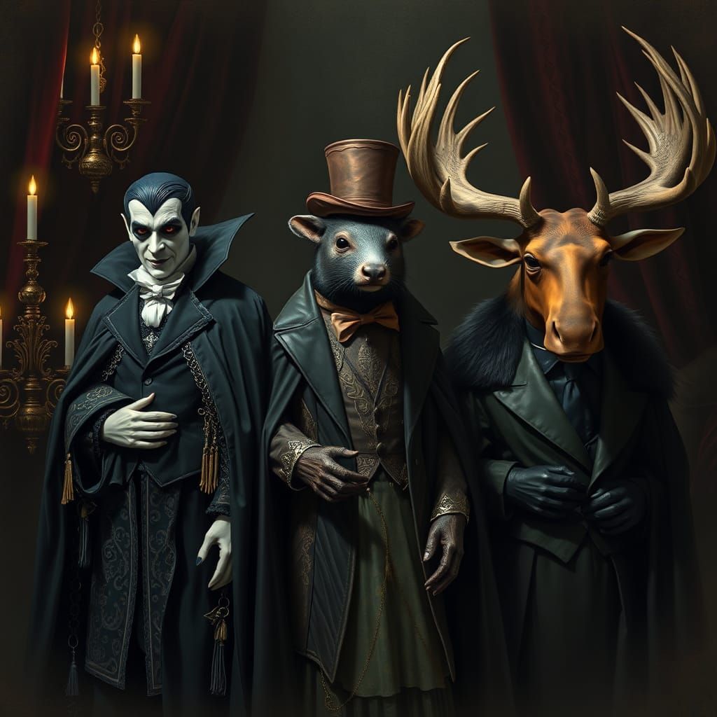 Vampire, Stoat, and Moose at Beast Masquerade