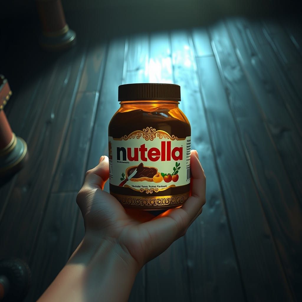 Delicate Hand Holds a Nutella Jar on Ancient Wood