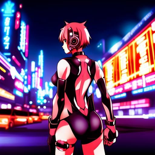 Cyborg Girl in Neon City: Anime Style Portrait