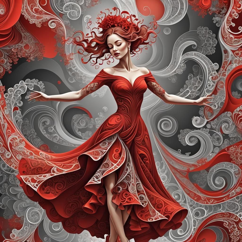 Dancing Woman in Red Dress with Abstract Fractals