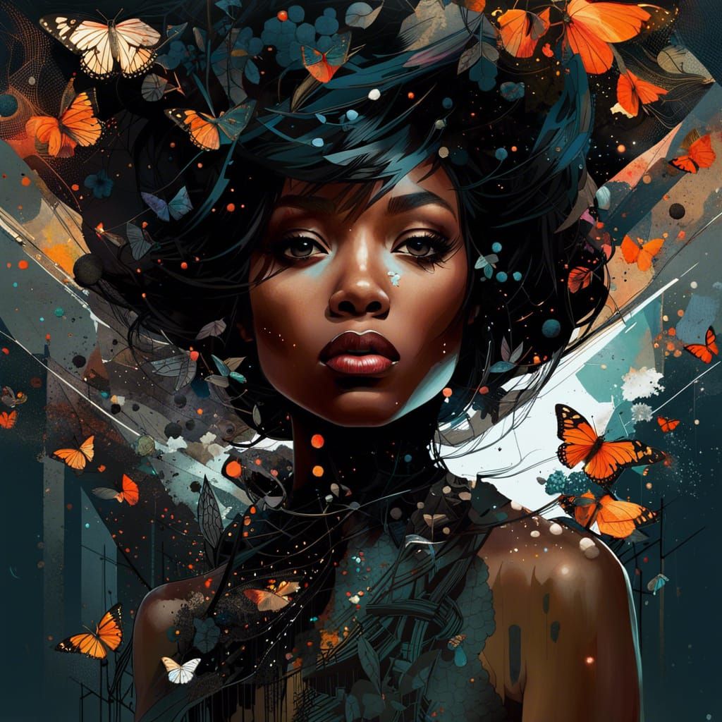 Black Girl of the Dawn with Moths, Digital Painting