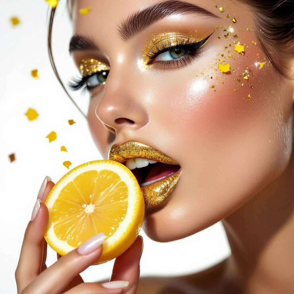 High-Fashion Macro Portrait with Gold Lips and Lemon