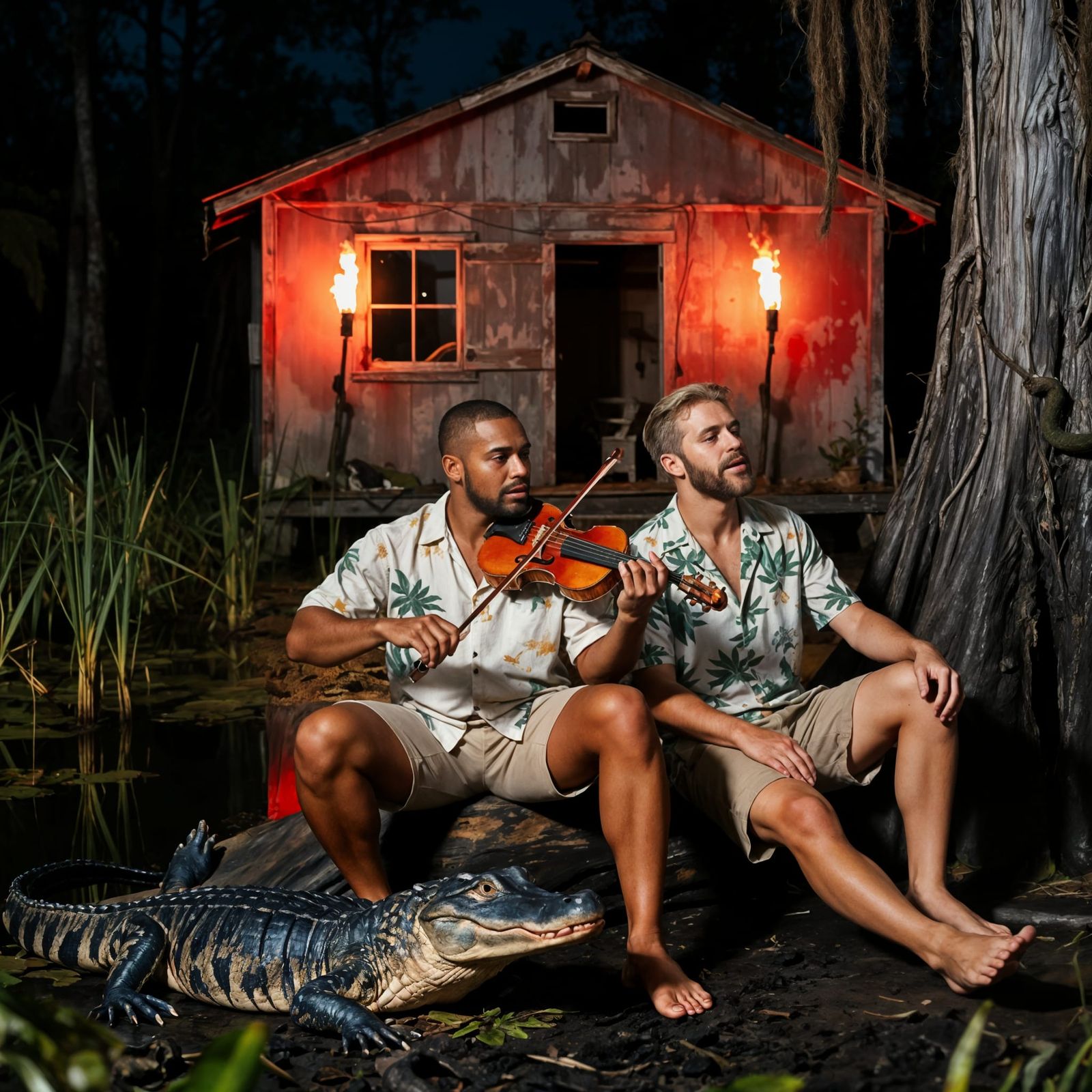 Alligator Trappers Playing Music in Bayou Night