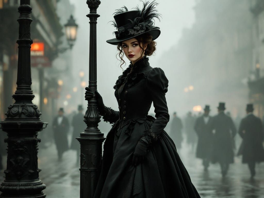 A Victorian Woman on a Foggy London Street