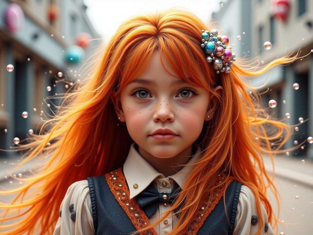 Surreal Water Scene with Young Girl in a Vibrant Orange Car