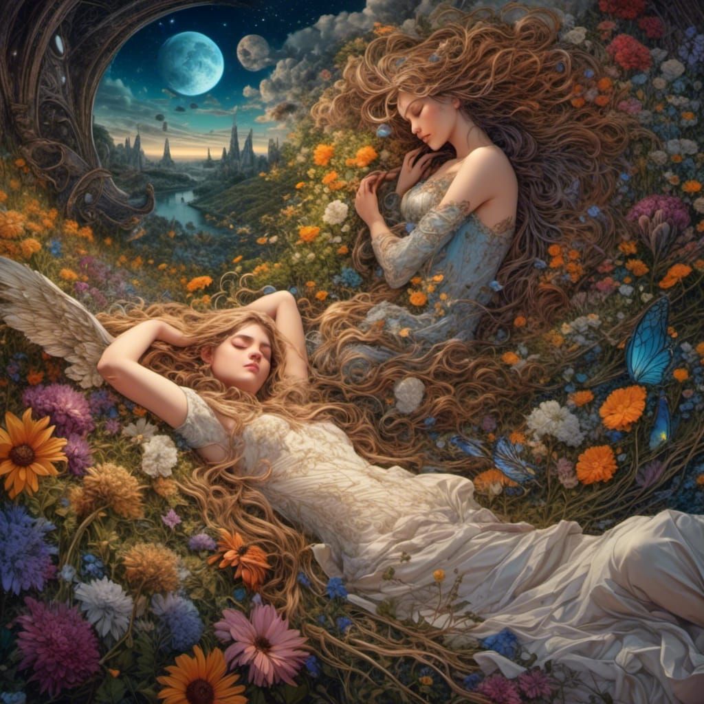 Dreamy Meadow: A Woman's Fantastical Twilight Sleep