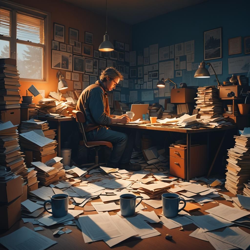 Weary Editor in Dimly Lit Room: Matte Painting