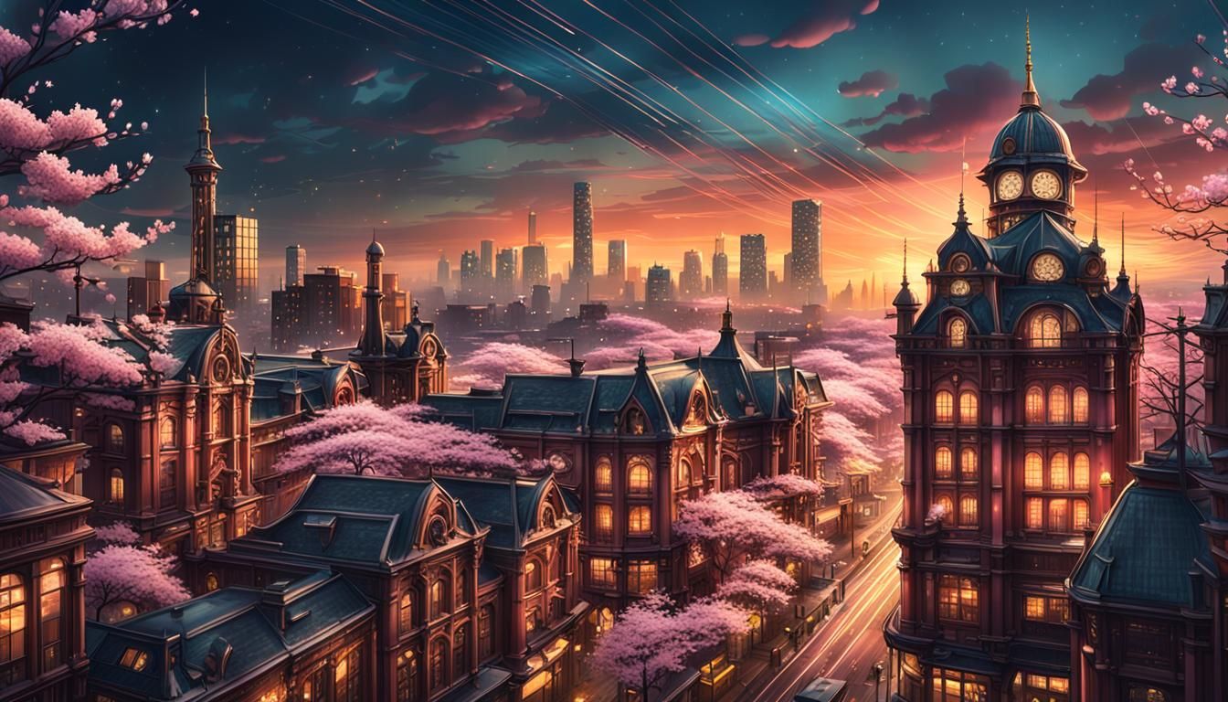 Surreal Cherry Blossom Cityscape with Star Trails