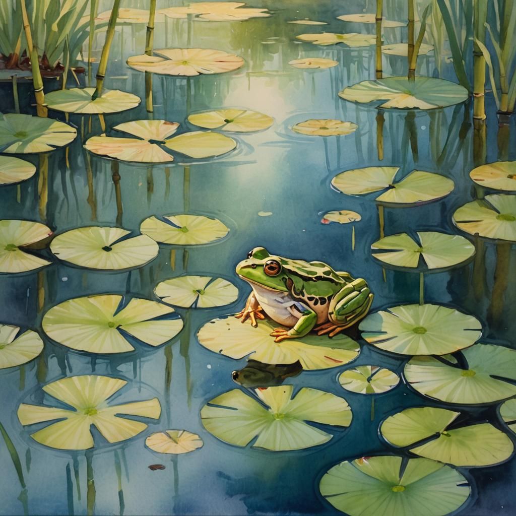 pen and ink and watercolour painting, of quite lake side, wi...