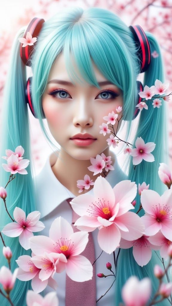 Surreal Portrait of Hatsune Miku Amidst Blooming Cherry Blos...
