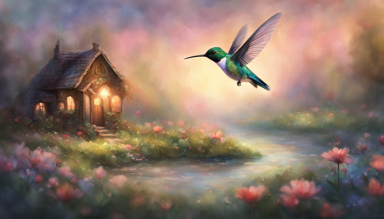 Hummingbird in Bioluminescent Meadow: Impressionist Fantasy