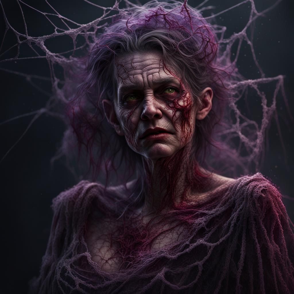Grotesque Witch in Crimson and Purple, Hyperrealistic