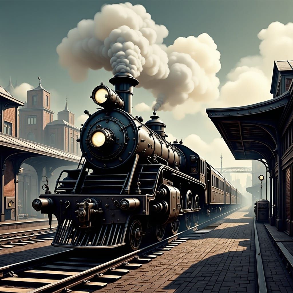 Dieselpunk Steam Train Arriving at Station