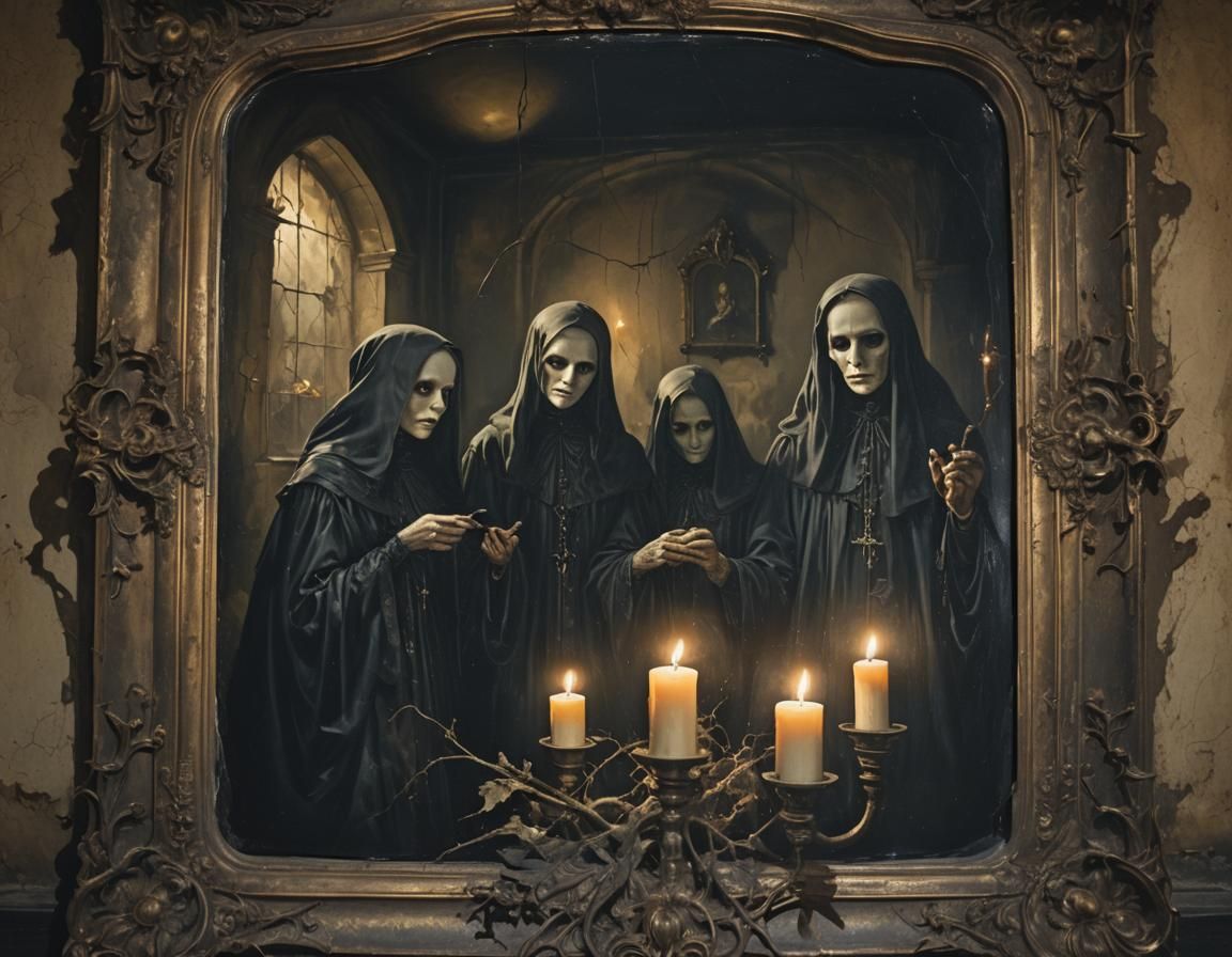 Ghostly Figures in Abandoned Chamber: Gothic Surrealism