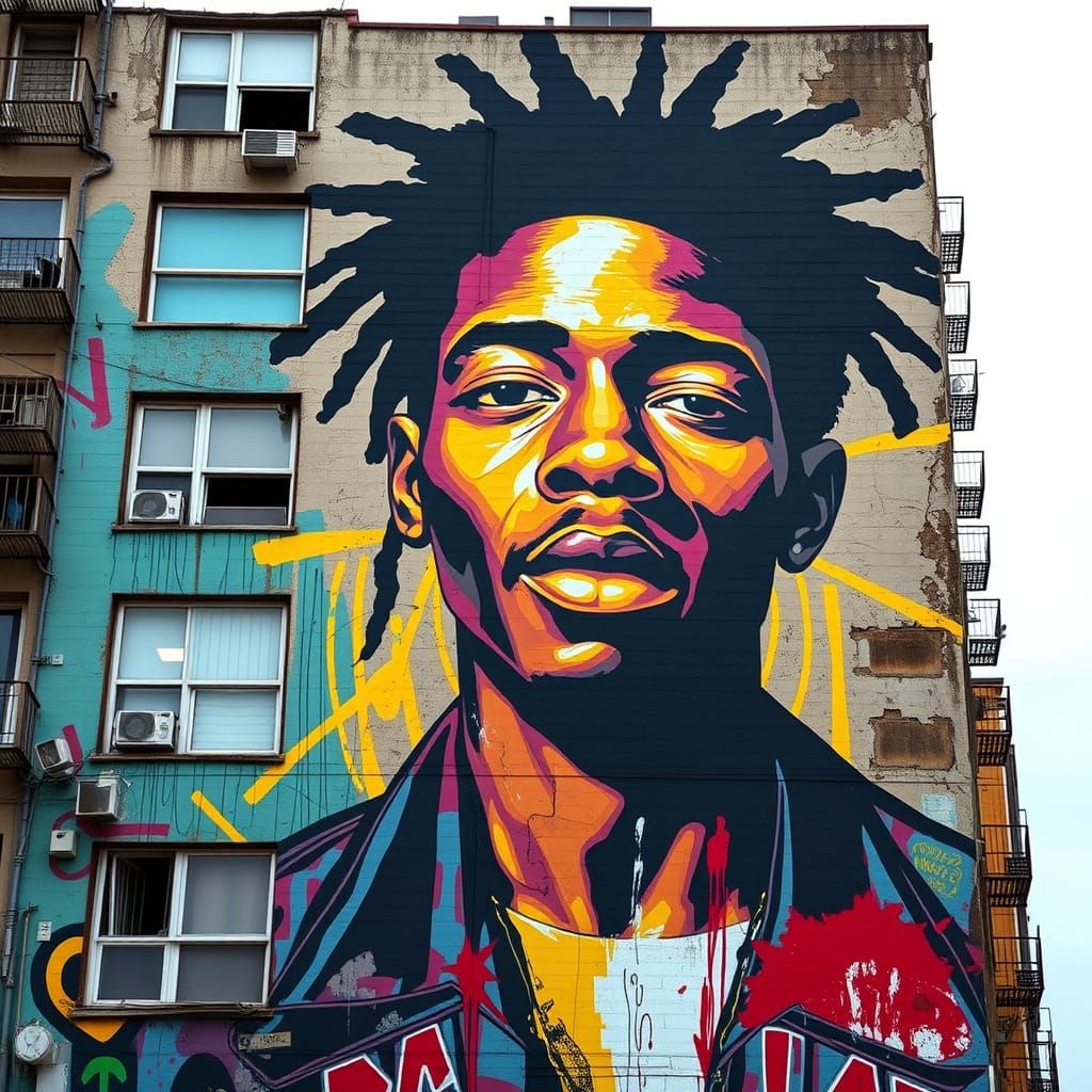 Photorealistic Basquiat Mural on Urban Building Facade