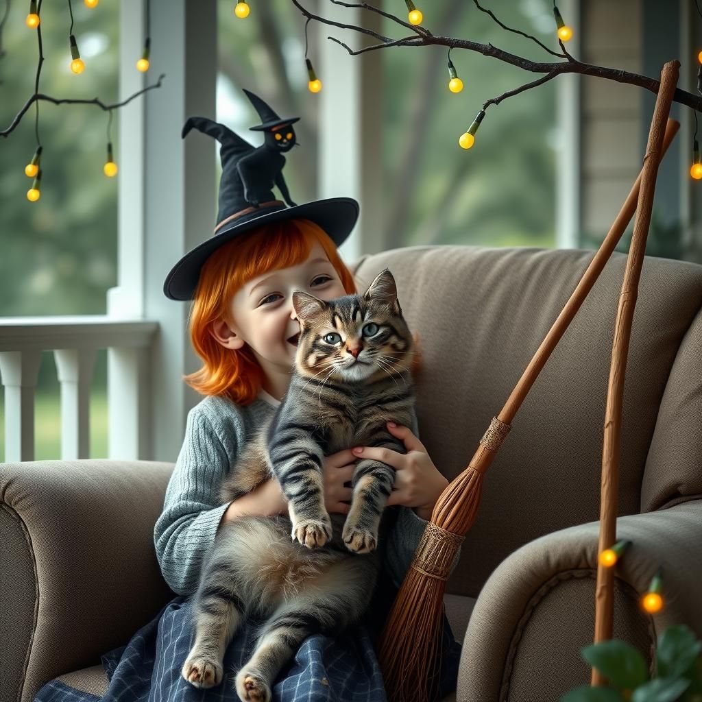 Girl and Cat with Fireflies, Realistic Image