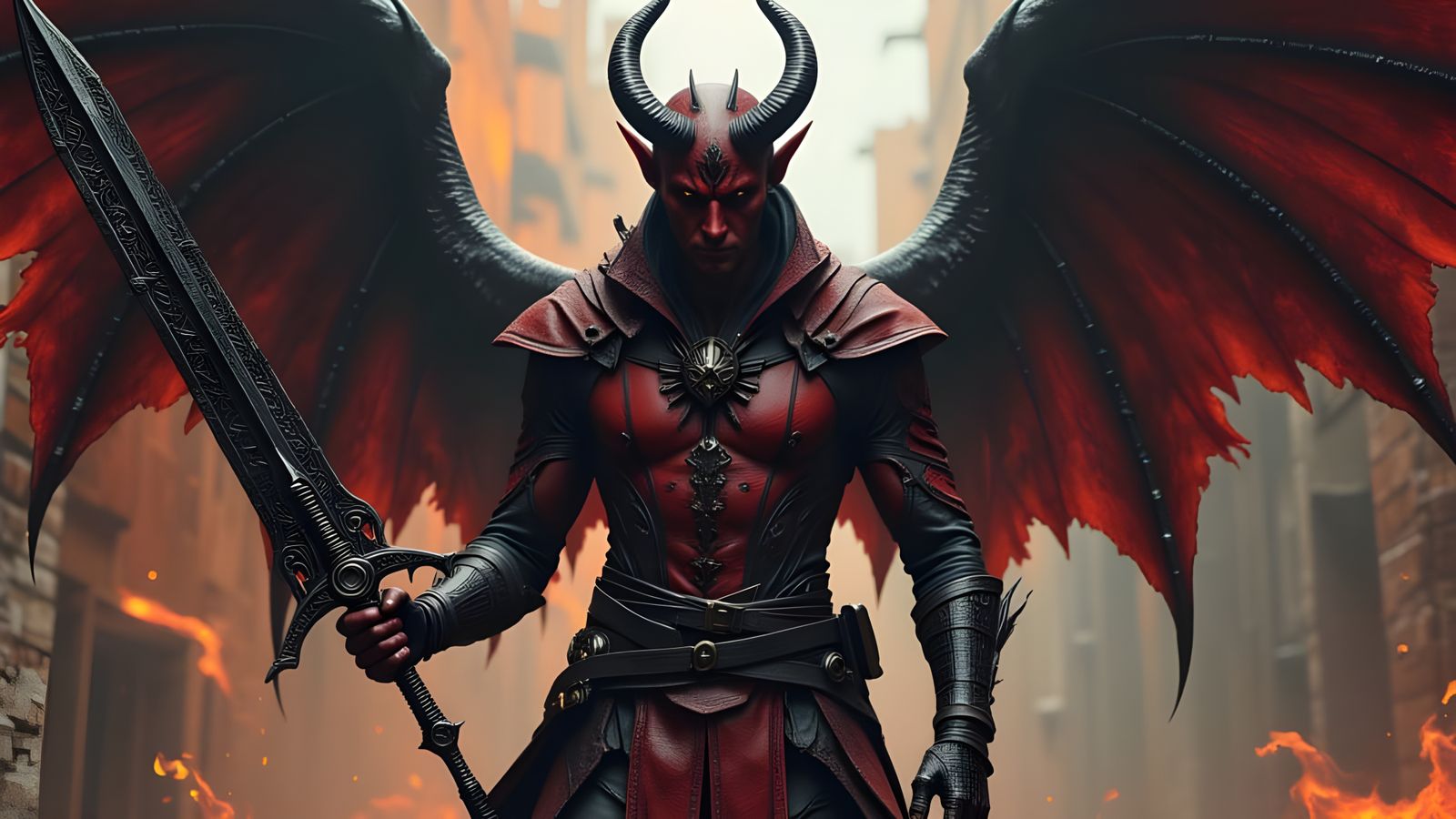 Tiefling Swordmaster in Cyberpunk Street