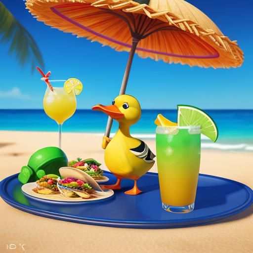 Duck on Cancun Beach with Margarita: 3D Digital Art