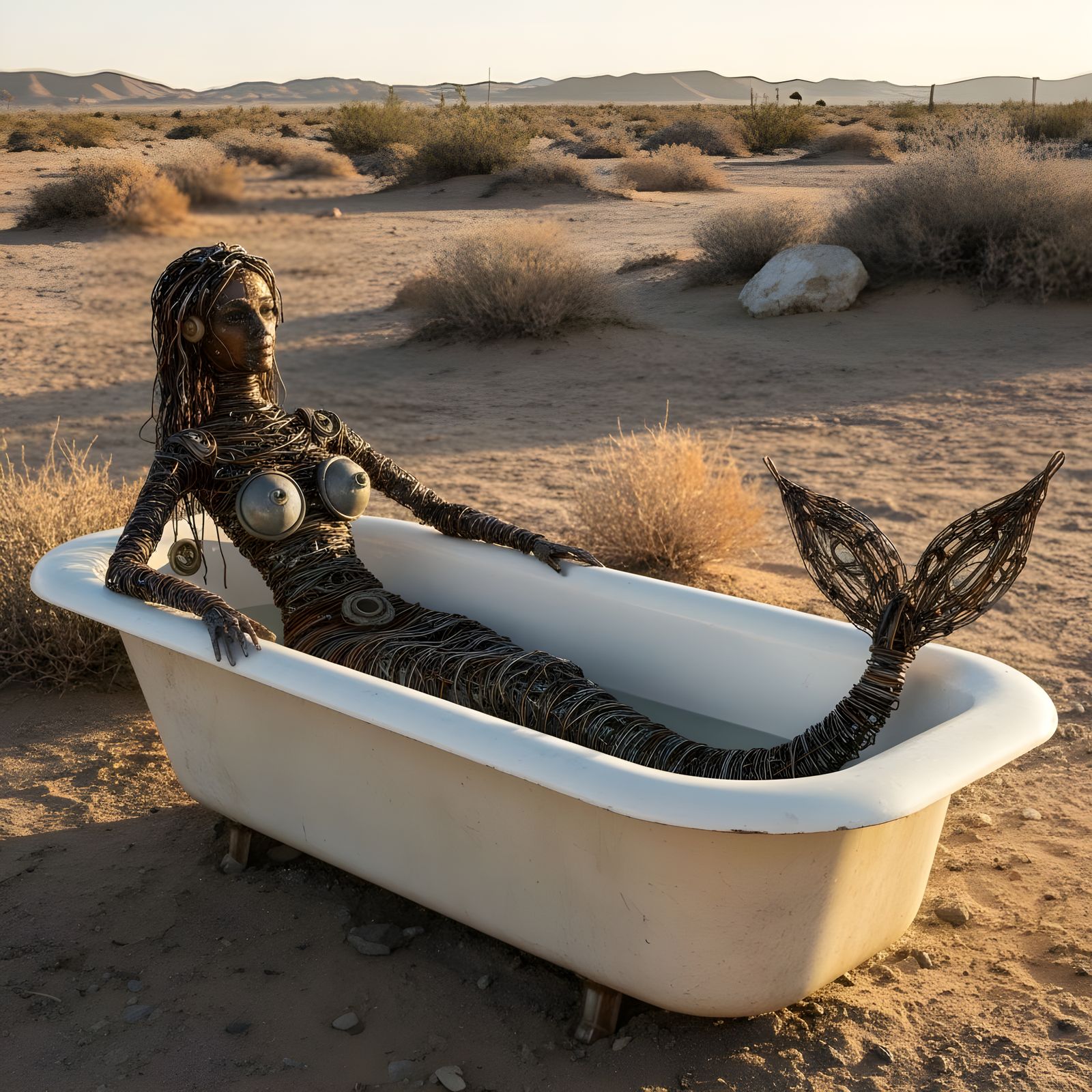 Steampunk Mermaid Sculpture in Desert Bathtub