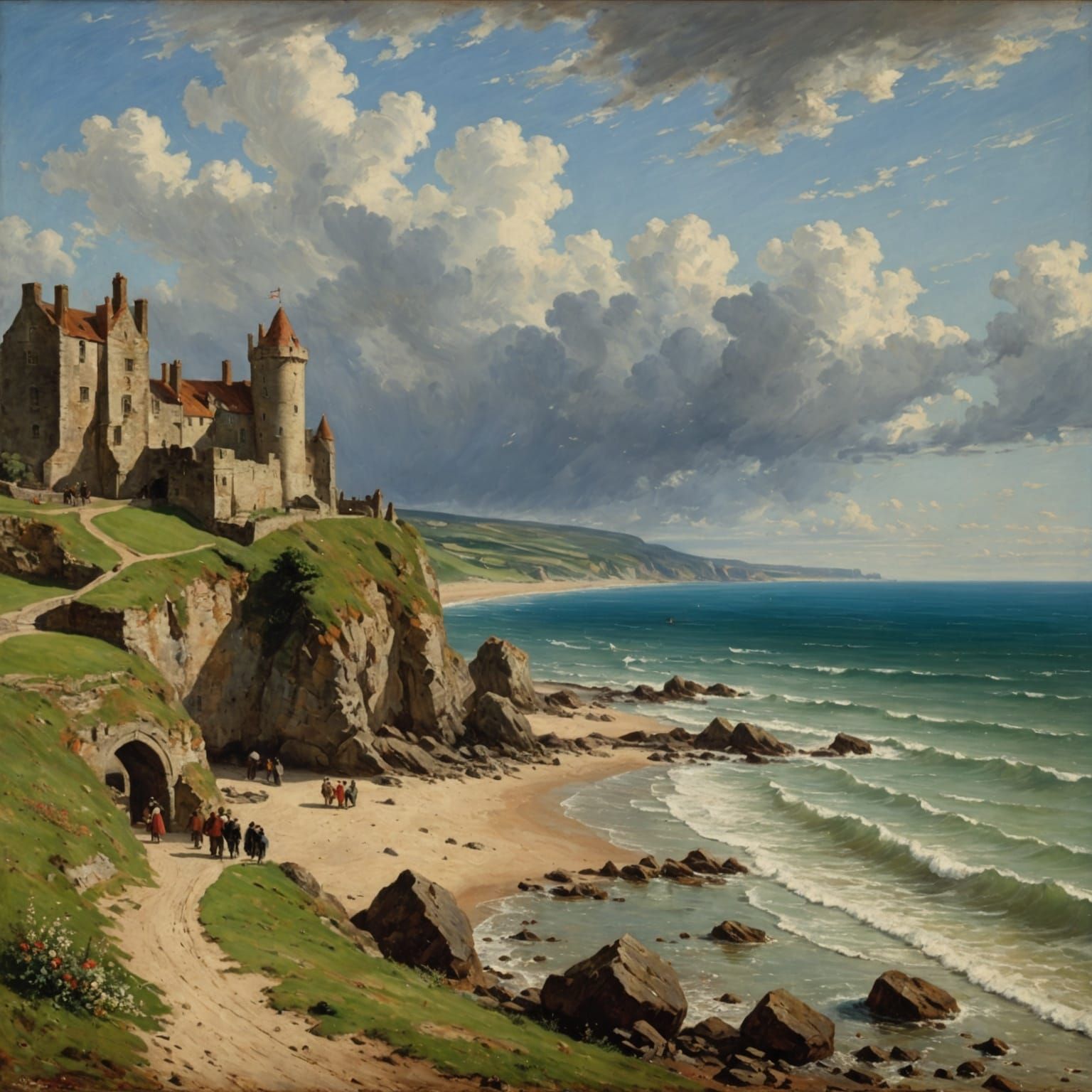 Vibrant Castle Over Seashore in John Constable Style