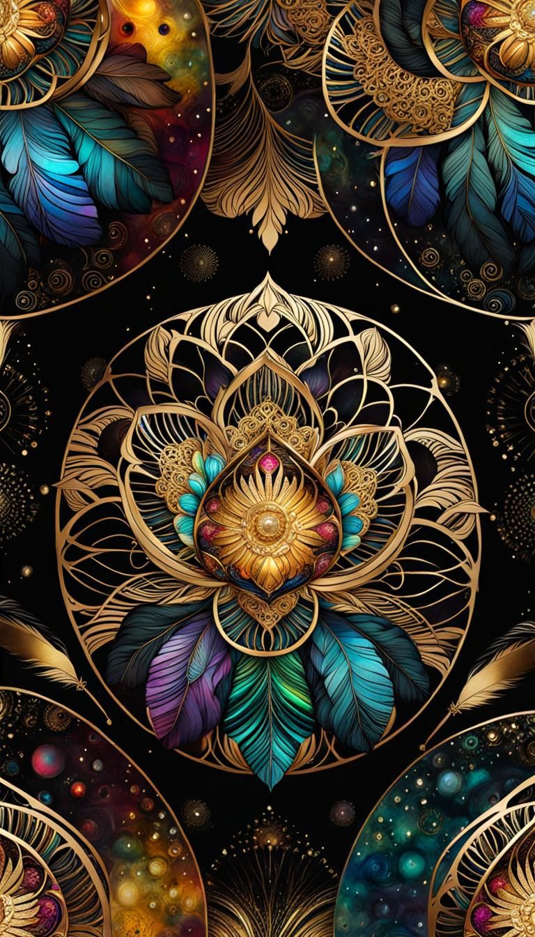 Cosmic Mandala with Golden Feather in Alcohol Ink