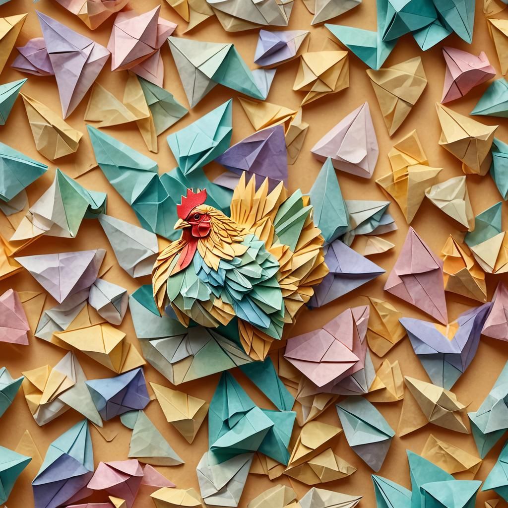 Delicate Origami Chicken in Watercolor Style