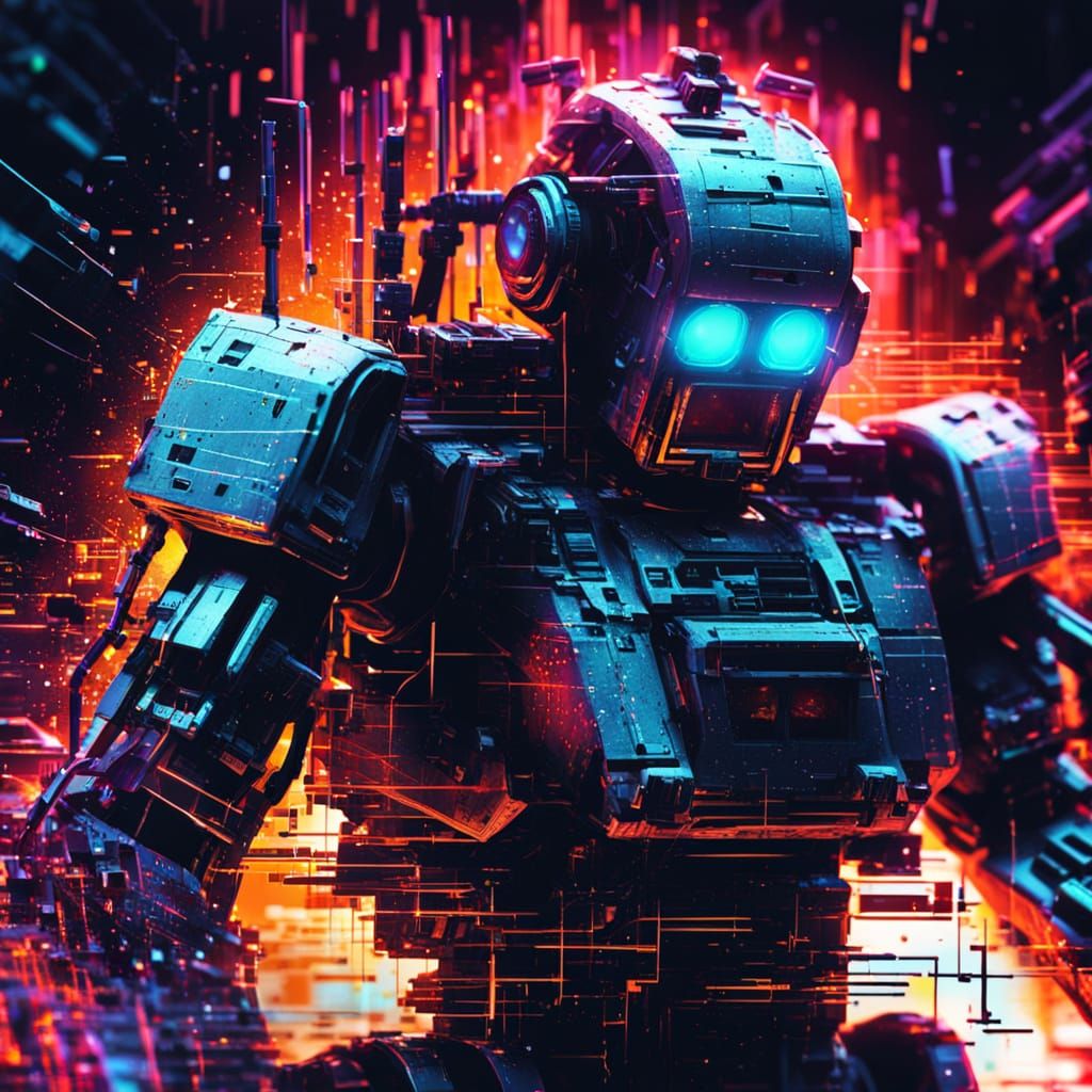 Robot Malfunction in Neon Noir Glitch Art