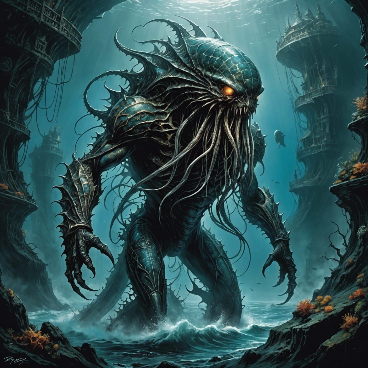 Mysterious Deep Ocean Creatures in Dark Fantasy Style