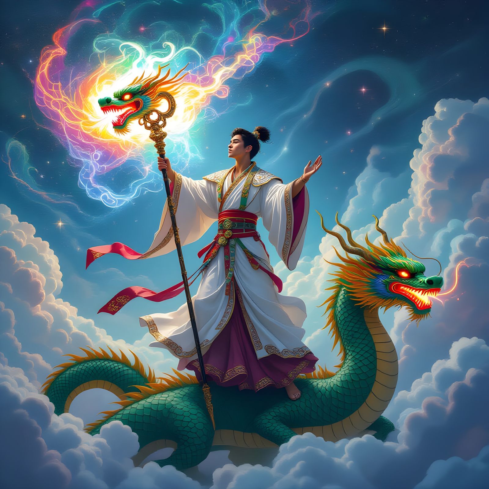 Dragon Rider with Astral Staff: Holographic Illustration