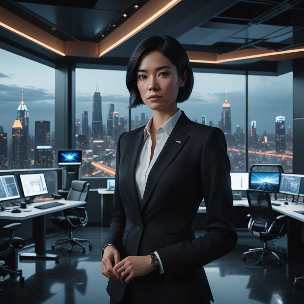 Confident Executive Examines Futuristic Robot in Corporate M...