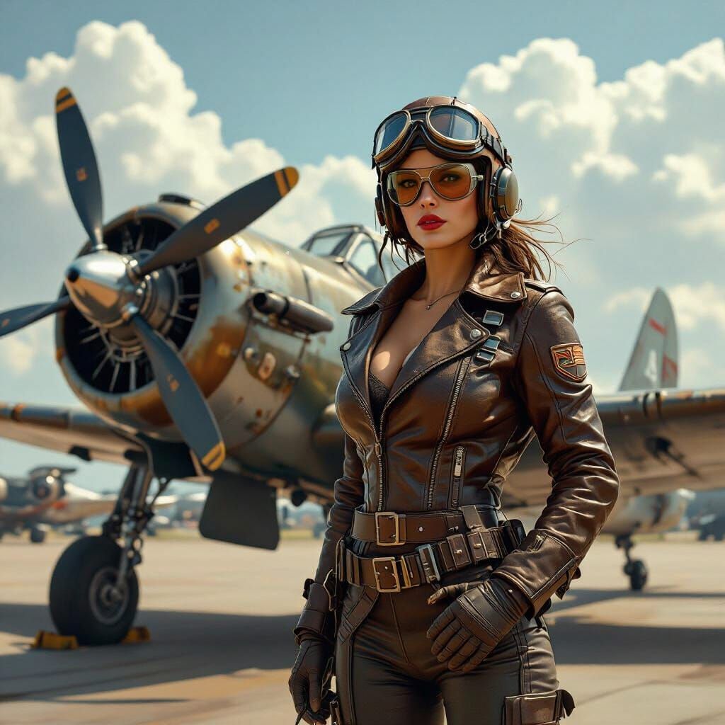 Dieselpunk Pilot Stands by Her Aircraft