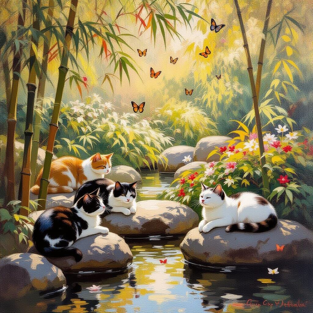 Japanese Garden with Cats as Oil Painting