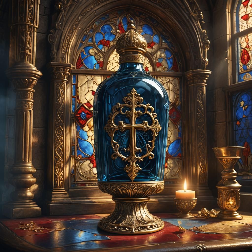 Glowing Holy Water Bottle on Altar, Fantasy Art