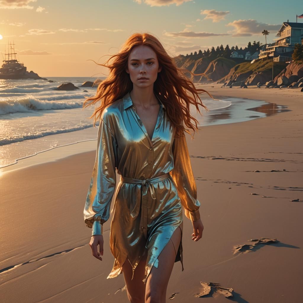 Auburn Haired Woman Walks Beach in Fantasy Art