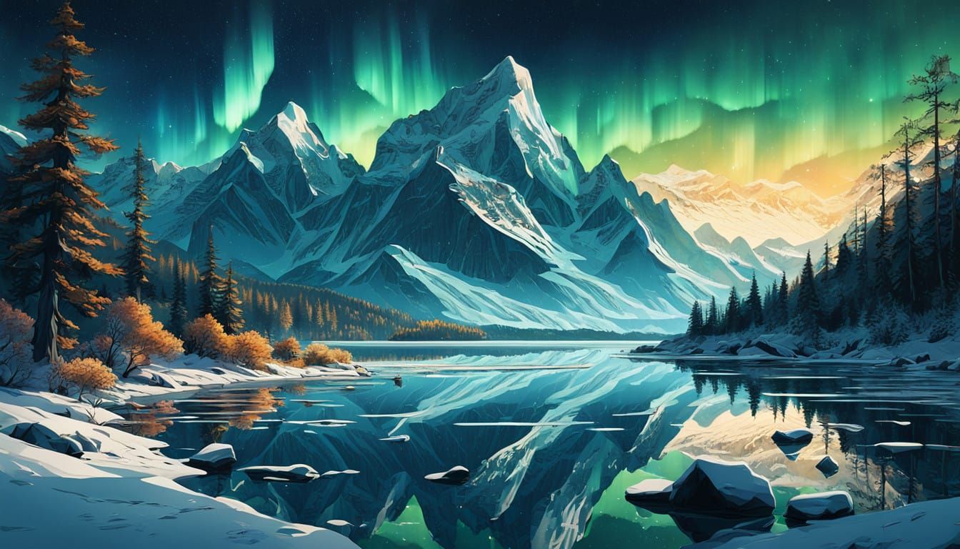 Hyperrealistic Aurora Borealis Landscape with Icy Reflection...
